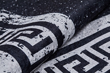 Modern Siyah Gri Çerçeveli Dijital Baskı Hipoalerjenik Kaymaz Taban Halı Yolluk