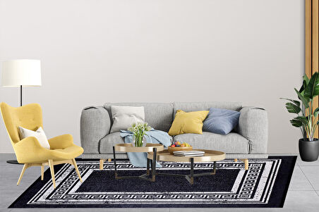 Modern Siyah Gri Çerçeveli Dijital Baskı Hipoalerjenik Kaymaz Taban Halı Yolluk