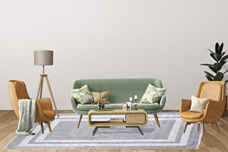 Modern Gri Çerçeveli Dijital Baskı Hipoalerjenik Kaymaz Taban Halı Yolluk HA134 