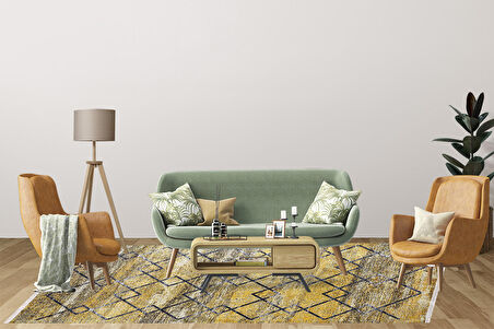 Modern Sarı Geomerik Dijital Baskı Hipoalerjenik Kaymaz Taban Halı Yolluk HA145