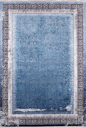 Modern Mavi Çerçeveli Dijital Baskı Hipoalerjenik Kaymaz Taban Halı Yolluk HA185 