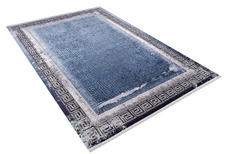 Modern Mavi Çerçeveli Dijital Baskı Hipoalerjenik Kaymaz Taban Halı Yolluk HA185 