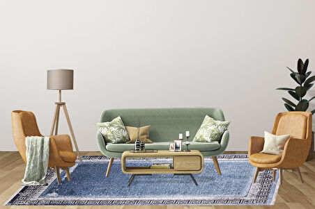 Modern Mavi Çerçeveli Dijital Baskı Hipoalerjenik Kaymaz Taban Halı Yolluk HA185 