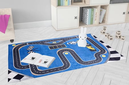 Çocuk Halısı ve Bebek Halısı Yıkanabilir Kaymaz Taban Araba Desenli Mavi Dijital Baskı Halı HC020