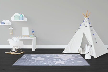 Çocuk Halısı ve Bebek Halısı Yıkanabilir Kaymaz Taban Yıldızlar Gri Dijital Baskı Halı HC001