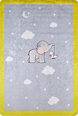 Çocuk Halısı ve Bebek Halısı Yıkanabilir Kaymaz Taban Figürlü Gri Sarı Dijital Baskı Halı HC031  