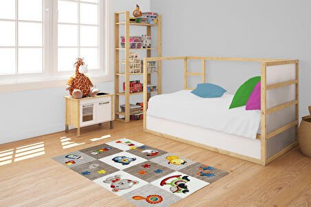 Çocuk Halısı ve Bebek Halısı Yıkanabilir Kaymaz Taban Figürlü Kahverengi Dijital Baskı Halı HC064  