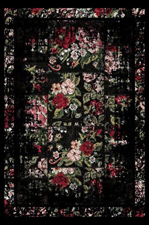 Klasik Siyah Salon&Oturma Odası Yolluk&Yatak Odası Dijital Baskılı Makinede Yıkanabilir Kaymaz Taban Saçaklı Halı HK004  