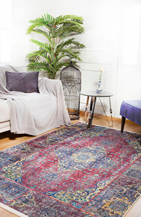 Klasik Kırmızı Salon&Yolluk Dijital Baskılı Makinede Yıkanabilir Kaymaz Taban Saçaklı Halı HK131  