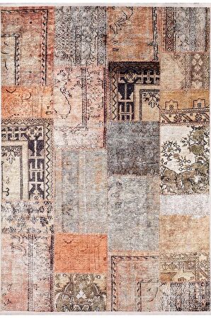 Klasik Kahverengi Salon&Yolluk Dijital Baskılı Makinede Yıkanabilir Kaymaz Taban Saçaklı Halı HK068 