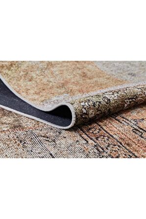 Klasik Kahverengi Salon&Yolluk Dijital Baskılı Makinede Yıkanabilir Kaymaz Taban Saçaklı Halı HK068 