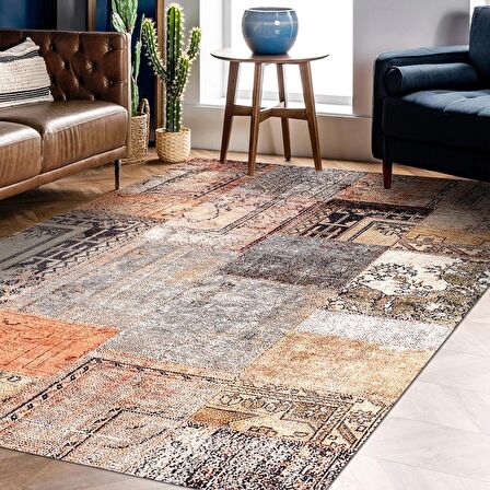 Klasik Kahverengi Salon&Yolluk Dijital Baskılı Makinede Yıkanabilir Kaymaz Taban Saçaklı Halı HK068 