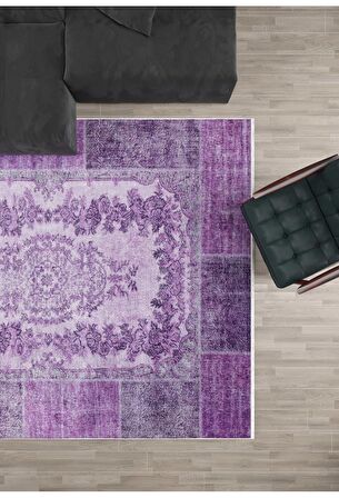 Klasik Mor Salon&Yolluk Dijital Baskılı Makinede Yıkanabilir Kaymaz Taban Saçaklı Halı HK059  