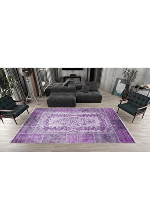 Klasik Mor Salon&Yolluk Dijital Baskılı Makinede Yıkanabilir Kaymaz Taban Saçaklı Halı HK059  