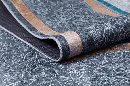 Klasik Antrasit Salon&Yolluk Dijital Baskılı Makinede Yıkanabilir Kaymaz Taban Saçaklı Halı HK121  