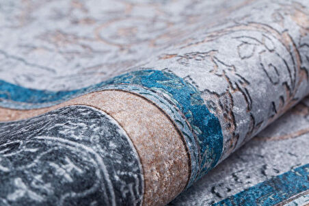 Klasik Antrasit Salon&Yolluk Dijital Baskılı Makinede Yıkanabilir Kaymaz Taban Saçaklı Halı HK121  