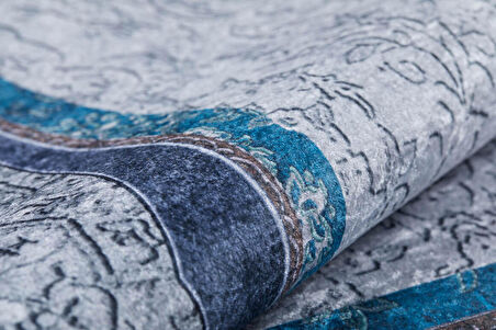 Klasik Gri Salon&Yolluk Dijital Baskılı Makinede Yıkanabilir Kaymaz Taban Saçaklı Halı HK130  