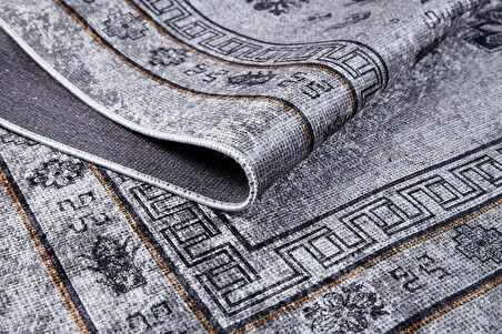 Klasik Gri Salon&Yolluk Dijital Baskılı Makinede Yıkanabilir Kaymaz Taban Saçaklı Halı HK179 