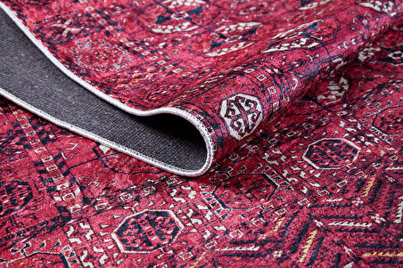 Klasik Pembe Salon&Yolluk Dijital Baskılı Makinede Yıkanabilir Kaymaz Taban Saçaklı Halı HK203  