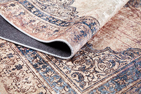 Klasik Bej Salon&Yolluk Dijital Baskılı Makinede Yıkanabilir Kaymaz Taban Saçaklı Halı HK187  