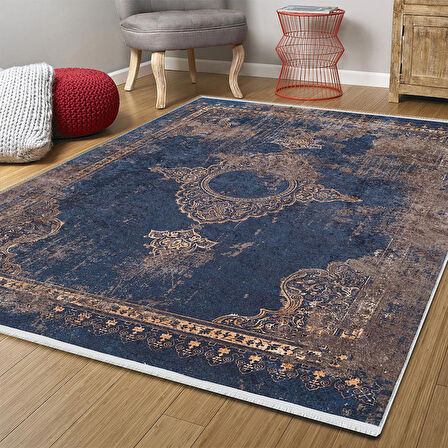 Klasik Lacivert Salon&Yolluk Dijital Baskılı Makinede Yıkanabilir Kaymaz Taban Saçaklı Halı HK190  