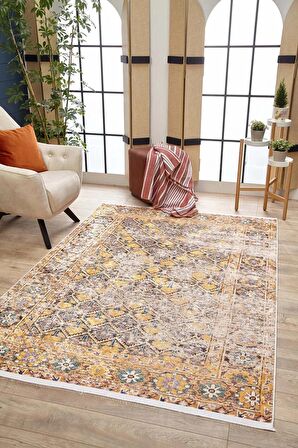 Klasik Sarı Salon&Yolluk Dijital Baskılı Makinede Yıkanabilir Kaymaz Taban Saçaklı Halı HK191  
