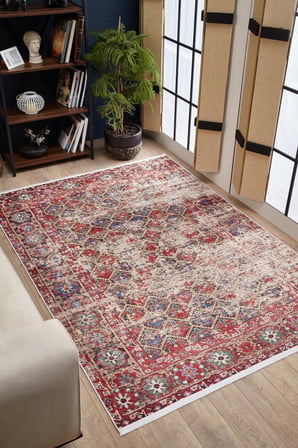 Klasik Kırmızı Salon&Yolluk Dijital Baskılı Makinede Yıkanabilir Kaymaz Taban Saçaklı Halı HK194 
