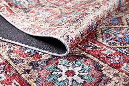 Klasik Kırmızı Salon&Yolluk Dijital Baskılı Makinede Yıkanabilir Kaymaz Taban Saçaklı Halı HK194 