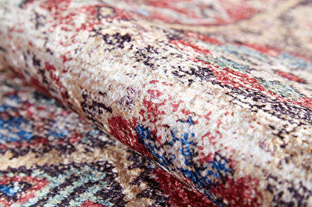 Klasik Kırmızı Salon&Yolluk Dijital Baskılı Makinede Yıkanabilir Kaymaz Taban Saçaklı Halı HK194 