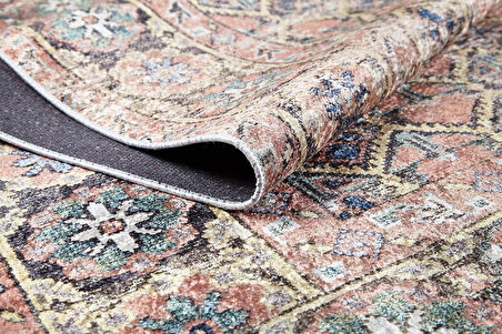 Klasik Bej Sarı Petek Salon&Yolluk Dijital Baskılı Makinede Yıkanabilir Kaymaz Taban Saçaklı Halı HK192  