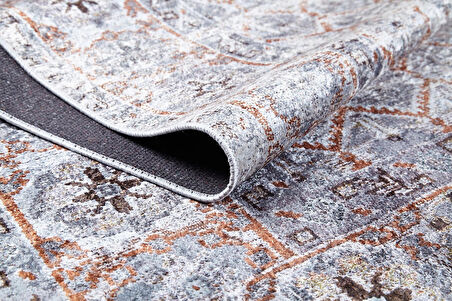 Klasik Gri Salon&Yolluk Dijital Baskılı Makinede Yıkanabilir Kaymaz Taban Saçaklı Halı HK193  