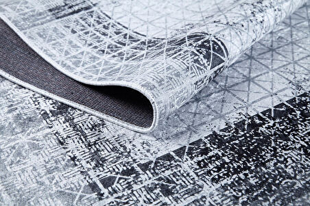  HA469 Halı Atölyesi Gri Salon&Yolluk Dijital Baskılı Makinede Yıkanabilir Kaymaz Taban Saçaklı Halı