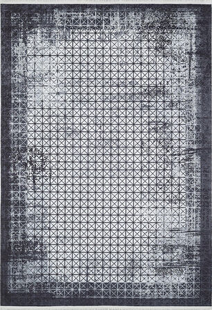 Halı Atölyesi Gri Salon&Yolluk Dijital Baskılı Makinede Yıkanabilir Kaymaz Taban Saçaklı Halı HA467  