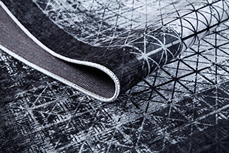 Halı Atölyesi Gri Salon&Yolluk Dijital Baskılı Makinede Yıkanabilir Kaymaz Taban Saçaklı Halı HA467  