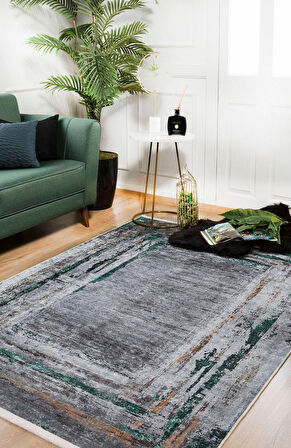 Halı Atölyesi Antrasit Salon&Yolluk Dijital Baskılı Makinede Yıkanabilir Kaymaz Taban Saçaklı Halı HA241  