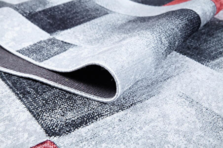 Halı Atölyesi Gri Salon&Yolluk Dijital Baskılı Makinede Yıkanabilir Kaymaz Taban Saçaklı Halı HA338  