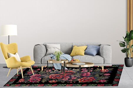 Klasik Siyah Salon&Yolluk Dijital Baskılı Makinede Yıkanabilir Kaymaz Taban Saçaklı Halı HK115  