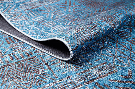 Halı Atölyesi Mavi Salon&Yolluk Dijital Baskılı Makinede Yıkanabilir Kaymaz Taban Saçaklı Halı HA534  