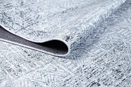 Halı Atölyesi Gri Salon&Yolluk Dijital Baskılı Makinede Yıkanabilir Kaymaz Taban Saçaklı Halı HA535  