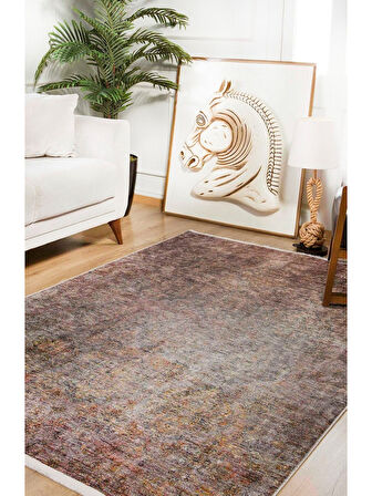 Halı Atölyesi Kahverengi Salon&Yolluk Dijital Baskılı Makinede Yıkanabilir Kaymaz Taban Saçaklı Halı HA115