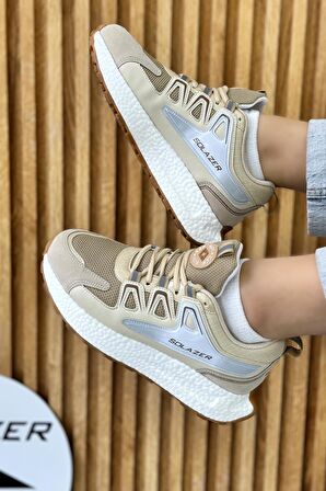 Solazer Kadın Bej Gri Ortopedik Confort Taban fileli Sneaker Günlük Spor Ayakkabı 029