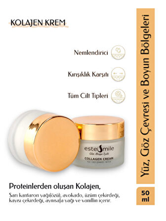 EsteSmile Kolajen Krem, Kırışıklık Karşıtı, Gün boyu ışıltı, Göz Çevresi, Yüz ve Boyun için tek krem, 50 ml, cam kavanoz
