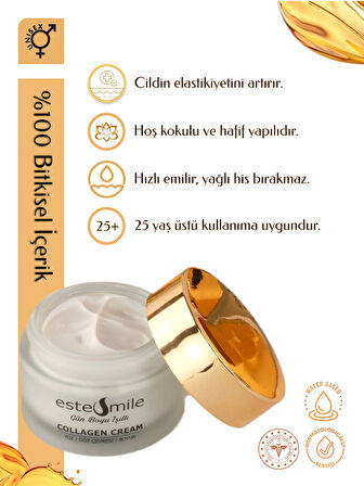 EsteSmile Kolajen Krem, Kırışıklık Karşıtı, Gün boyu ışıltı, Göz Çevresi, Yüz ve Boyun için tek krem, 50 ml, cam kavanoz