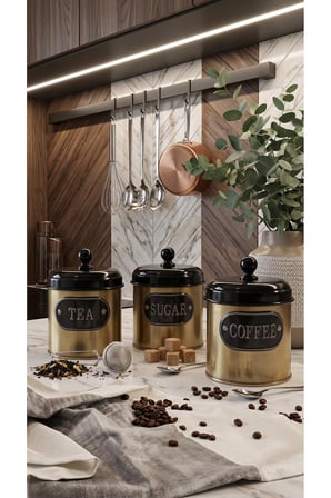 3'lü Çay Şeker Kahve Kavanoz Seti - Galvaniz Çelik Siyah Altın Saklama Kabı 850 ml