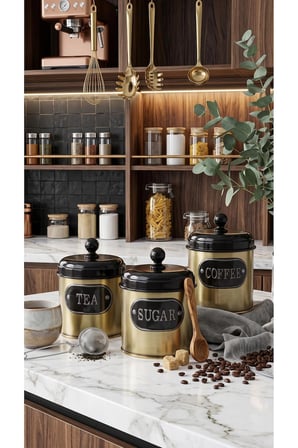 3'lü Çay Şeker Kahve Kavanoz Seti - Galvaniz Çelik Siyah Altın Saklama Kabı 850 ml