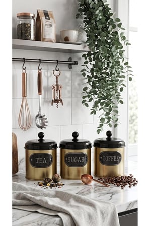 3'lü Çay Şeker Kahve Kavanoz Seti - Galvaniz Çelik Siyah Altın Saklama Kabı 850 ml
