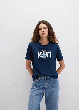 Mavi Lacivert Kadın Regular Fit Desenli T-Shirt DMK.1613282-82454 KEDİ LOGO BASKILI