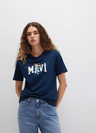 Mavi Lacivert Kadın Regular Fit Desenli T-Shirt DMK.1613282-82454 KEDİ LOGO BASKILI