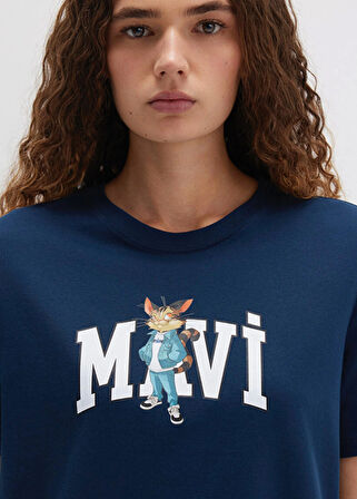 Mavi Lacivert Kadın Regular Fit Desenli T-Shirt DMK.1613282-82454 KEDİ LOGO BASKILI