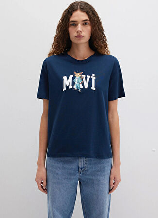 Mavi Lacivert Kadın Regular Fit Desenli T-Shirt DMK.1613282-82454 KEDİ LOGO BASKILI